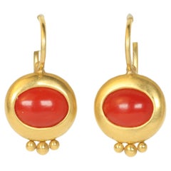 Ancient Greco Drop Earrings with Coral in 22K Yellow Gold by Bracken Jewelers