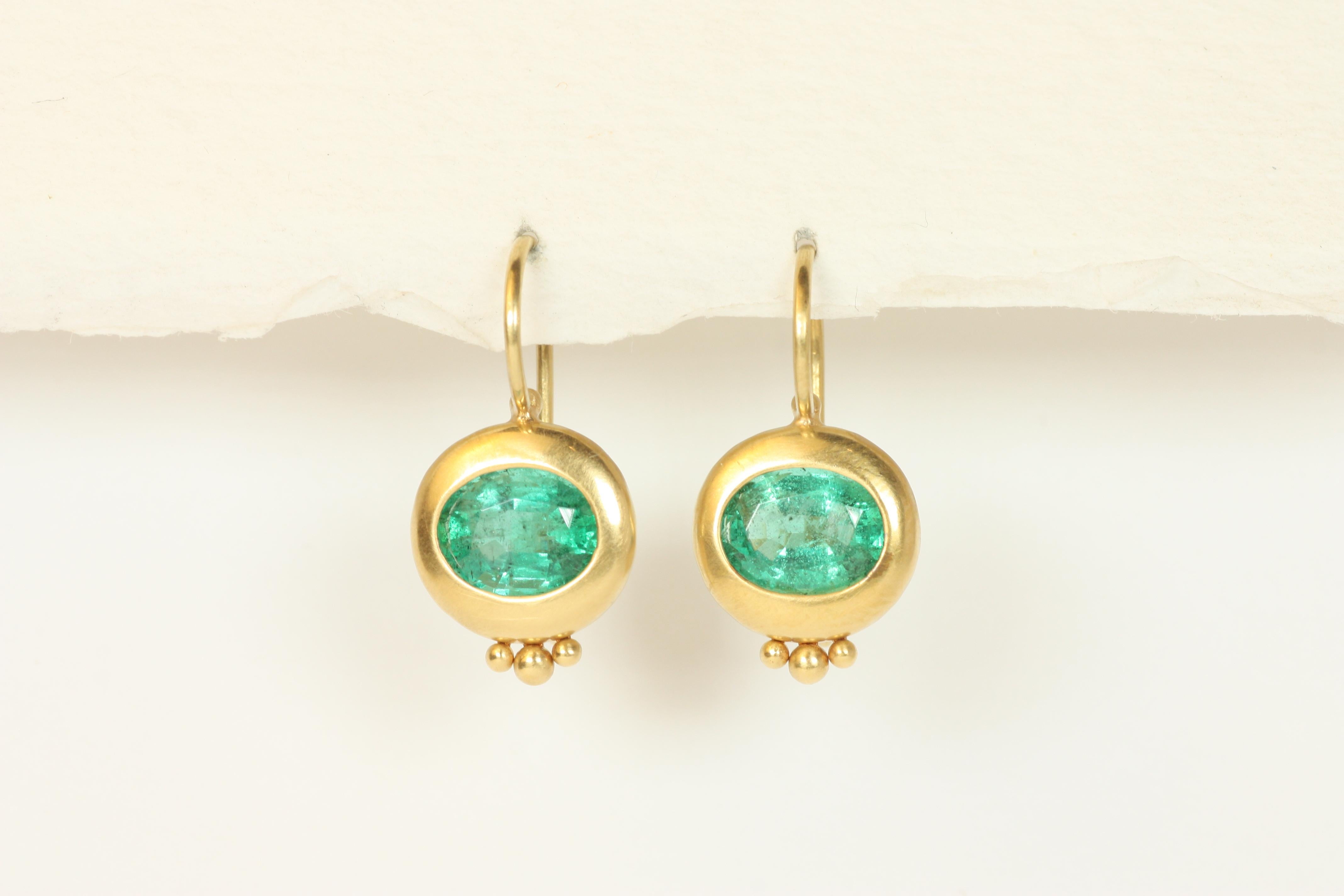 Ancient Greco Drop Earrings with Oval Emeralds in 22K Yellow Gold by Bracken