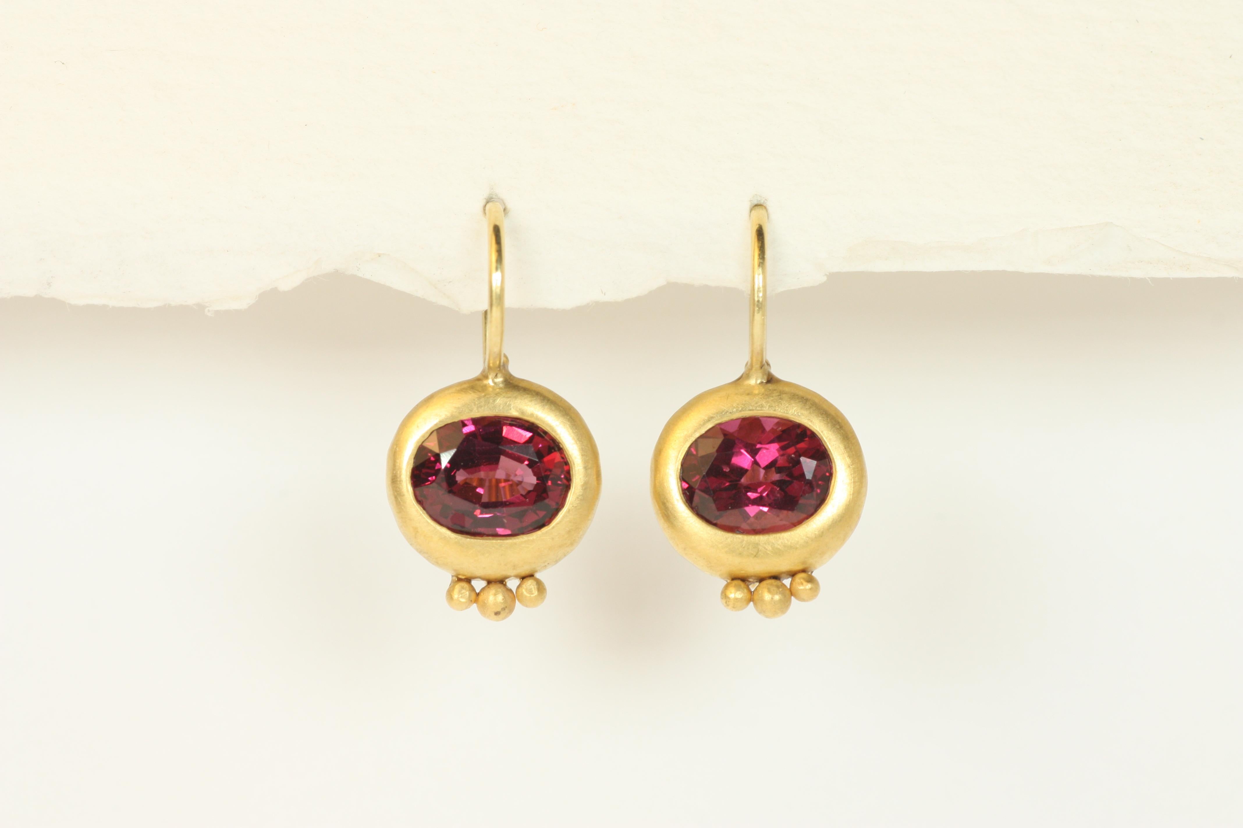 Artisan Ancient Greco Drop Earrings with Oval Garnets in 22K Yellow Gold by Bracken For Sale