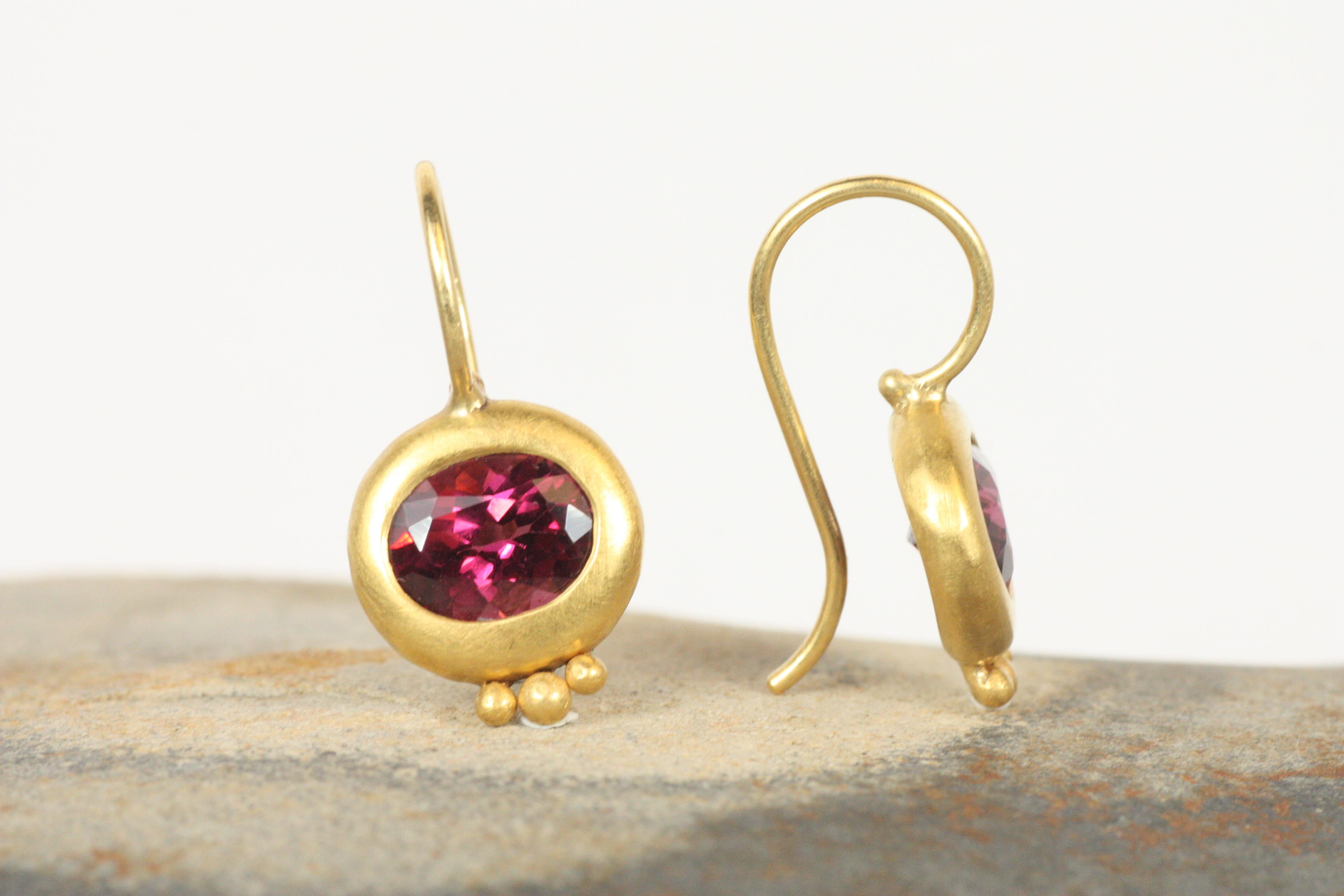 Oval Cut Ancient Greco Drop Earrings with Oval Garnets in 22K Yellow Gold by Bracken For Sale