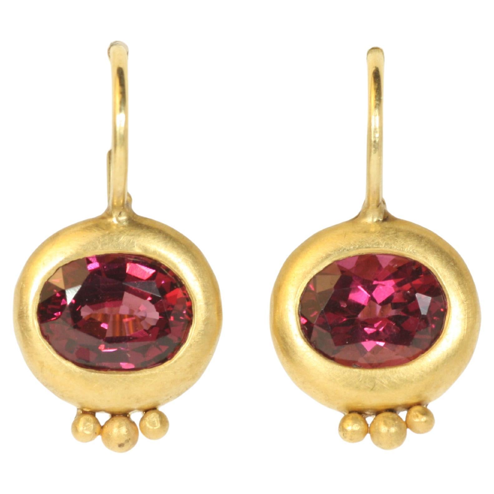 Ancient Greco Drop Earrings with Oval Garnets in 22K Yellow Gold by Bracken For Sale
