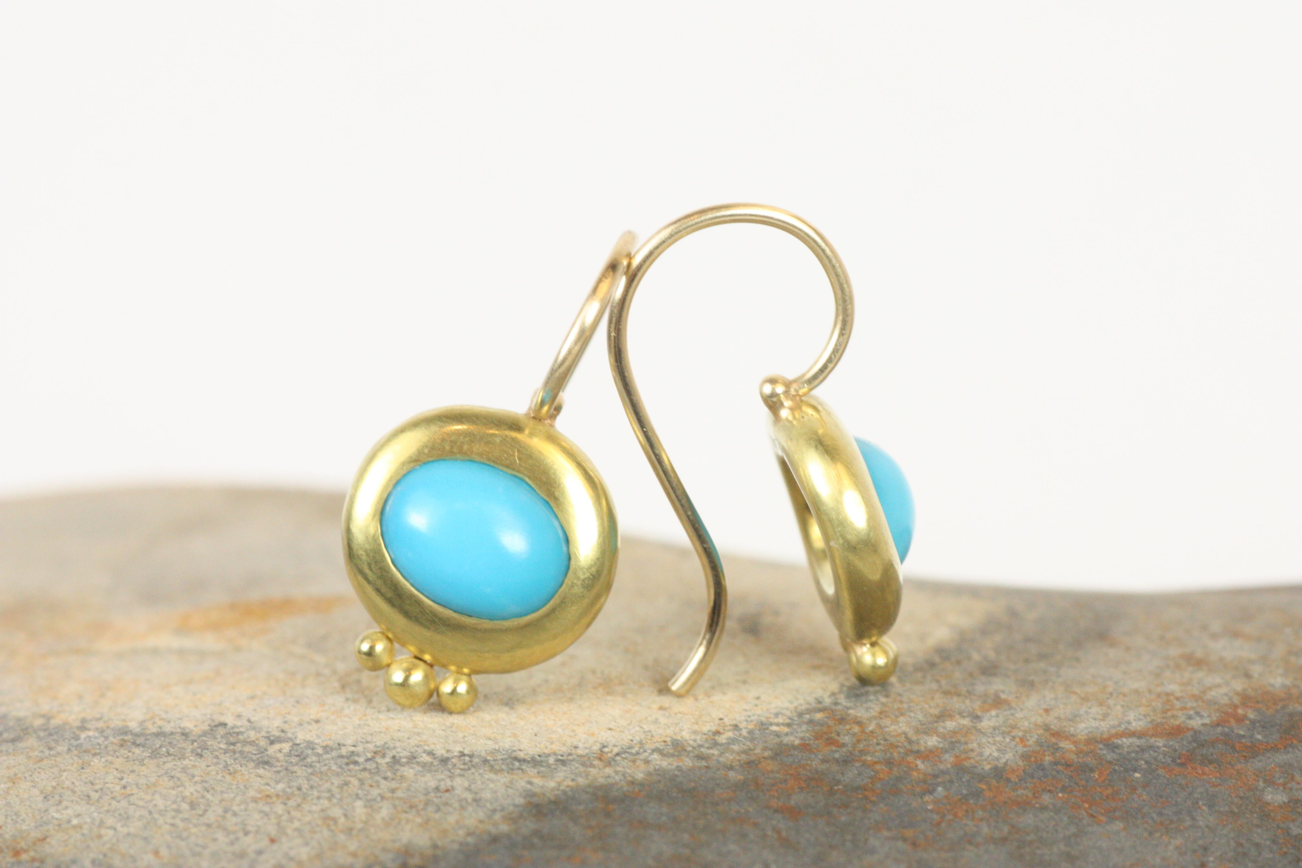 Artisan Ancient Greco Drop Earrings with Oval Turquoise in 20K Yellow California Gold For Sale