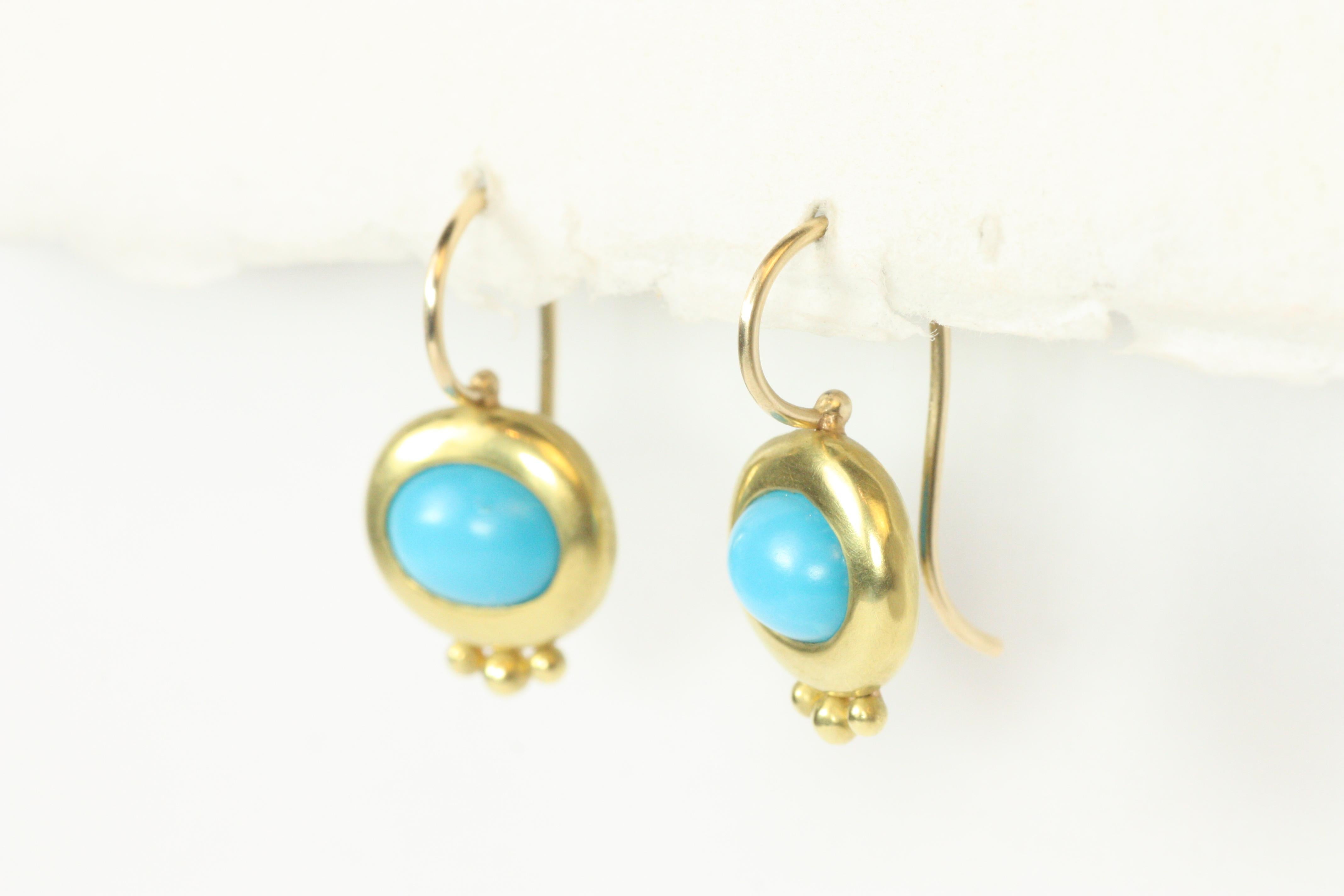 Ancient Greco Drop Earrings with Oval Turquoise in 20K Yellow California Gold In New Condition For Sale In Santa Monica, CA
