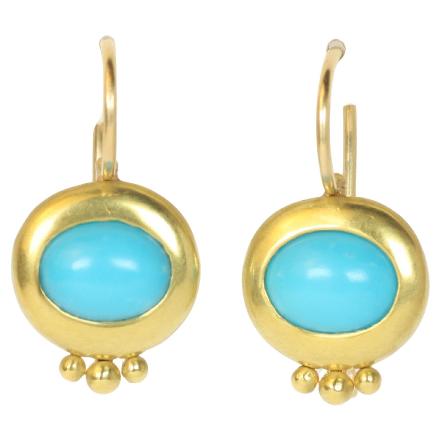 Pendientes Gota Greco Antiguo con Turquesa Ovalada en Oro Amarillo de California de 20 K