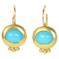 Pendientes Gota Greco Antiguo con Turquesa Ovalada en Oro Amarillo de California de 20 K