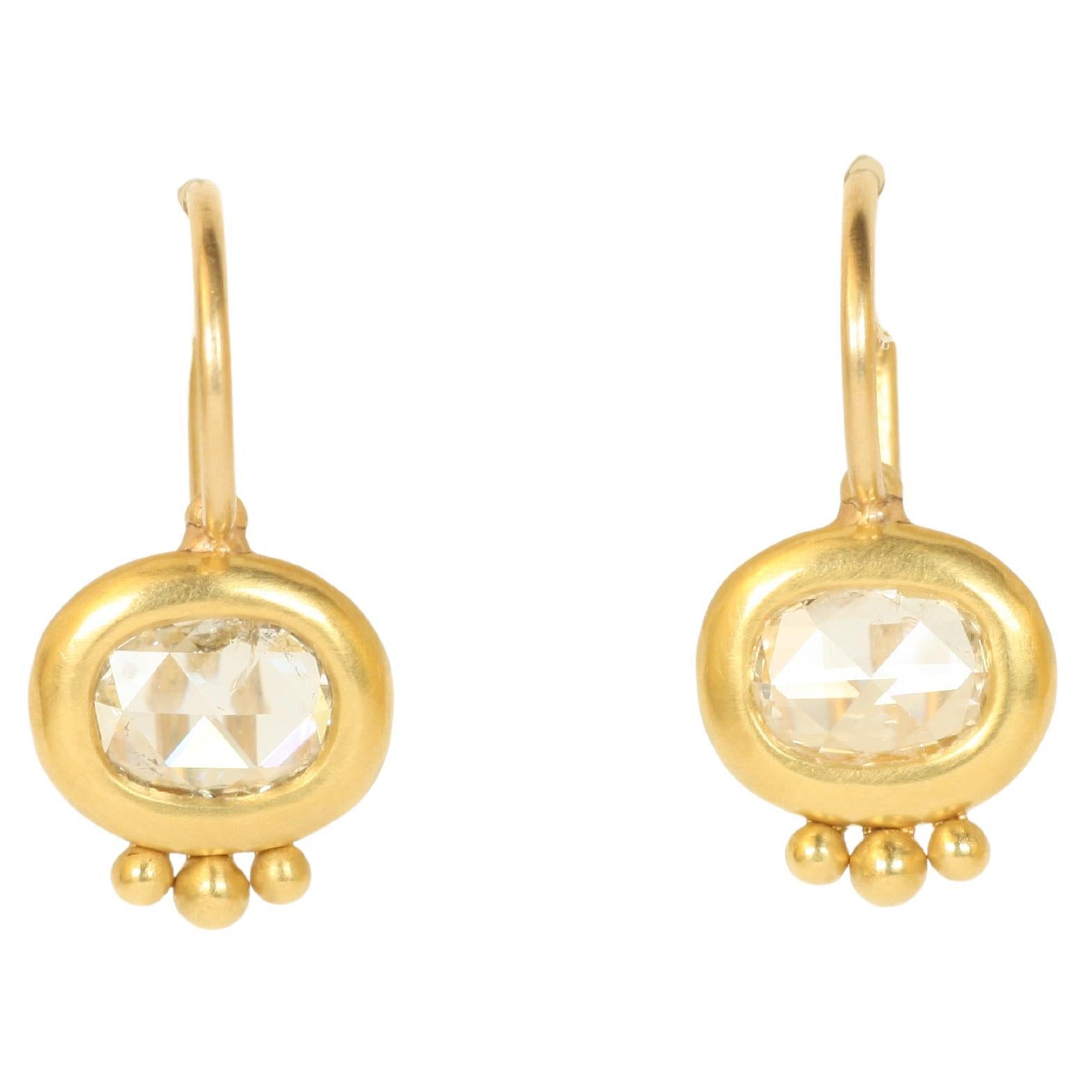 Ancient Greco Drop Earrings with Rose Cut Oval Diamonds in 22K Yellow Gold