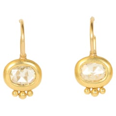 Ancient Greco Drop Earrings with Rose Cut Oval Diamonds in 22K Yellow Gold