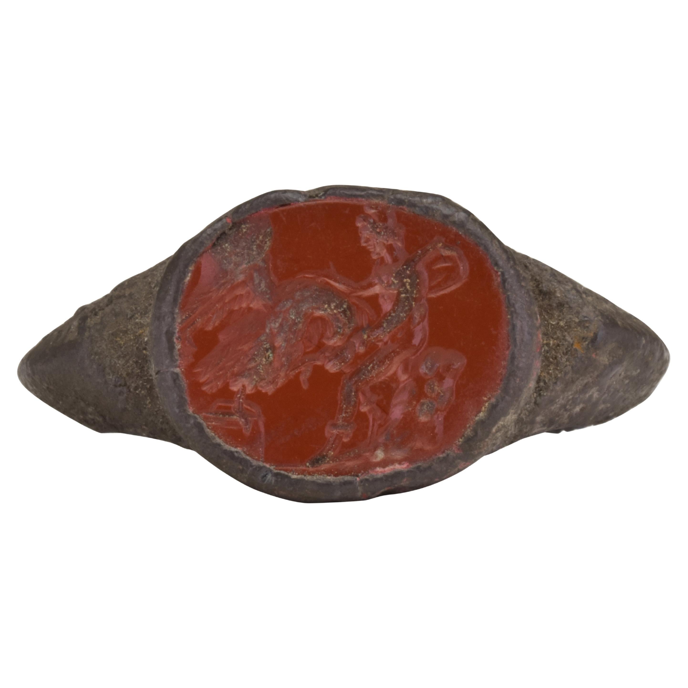 Ancient Greco-Roman Silver Signet Ring with Red Jasper Intaglio