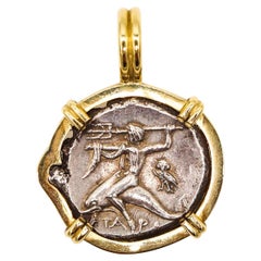 Antique Ancient Greece 240 BC Tarentum Boy in a Dolphin Stater Nomos Framed in 18Kt Gold