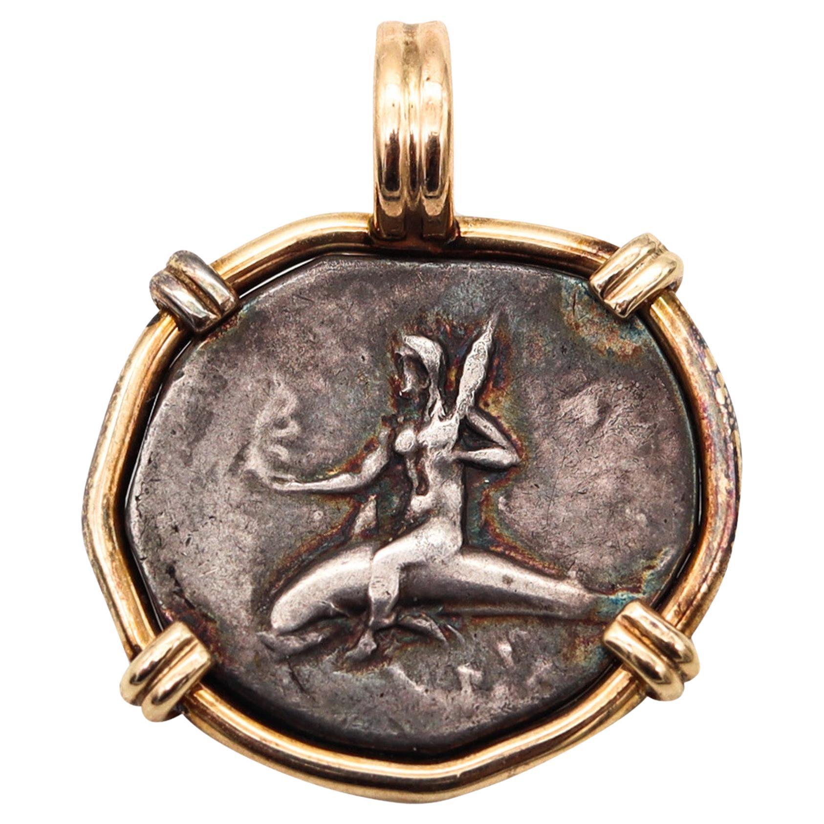 Ancient Greece 280BC Tarentum Silver Stater Boy Riding a Dolphin 14Kt Gold Frame For Sale