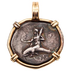 Antique Ancient Greece 280BC Tarentum Siver Stater Boy Riding a Dolphin 14Kt Gold Frame