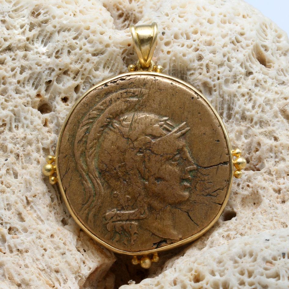 Antiguo Griego Siglo I a.C. Atenea Moneda de Bronce Colgante de Oro de 18K en Nuevo Estado en Soquel, CA