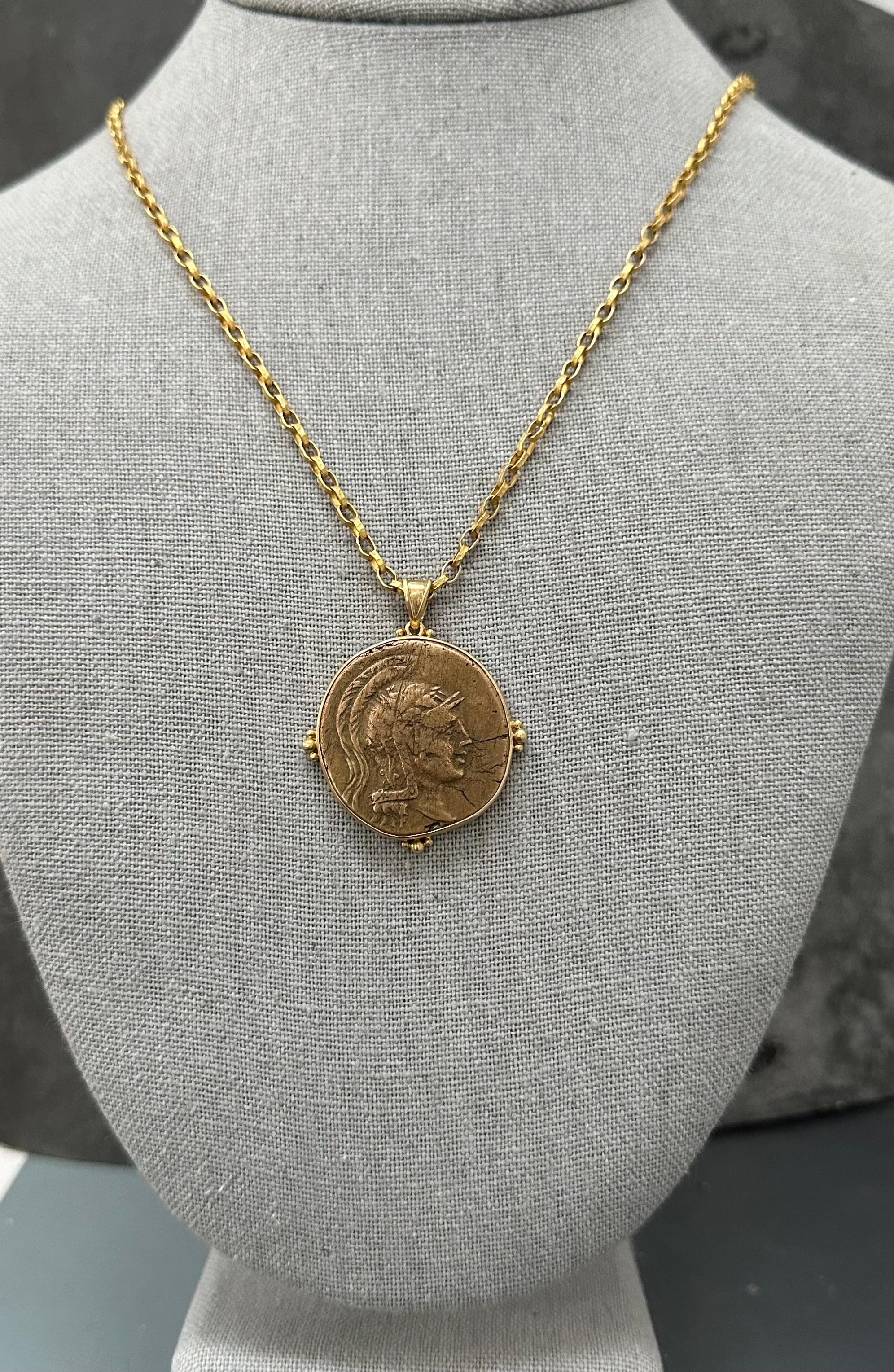 Classical Greek Ancient Greek 1st Century BC Athena Bronze Coin 18K Gold Pendant 