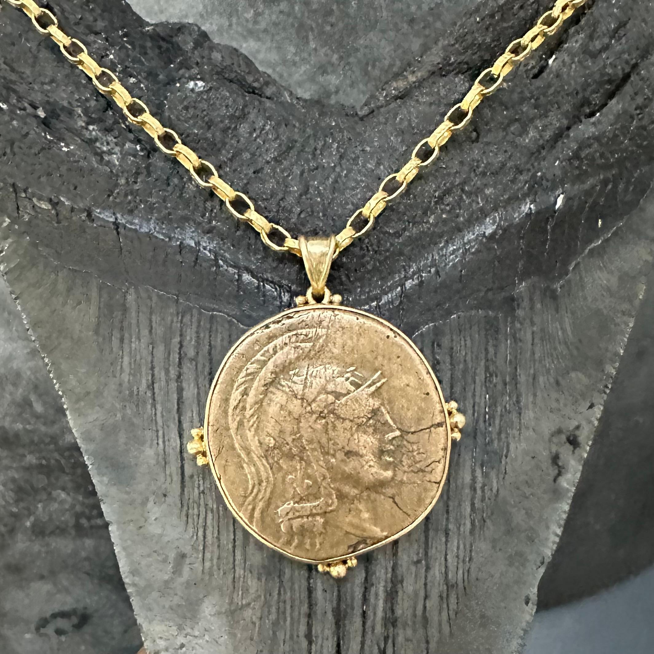 Women's or Men's Ancient Greek 1st Century BC Athena Bronze Coin 18K Gold Pendant 
