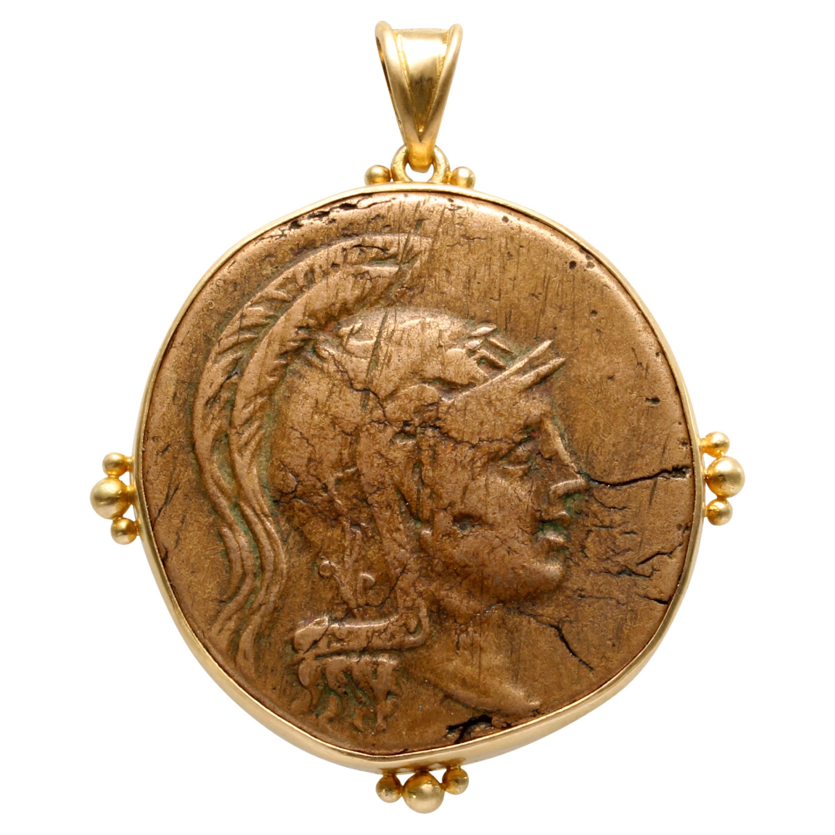 Ancient Greek 1st Century BC Athena Bronze Coin 18K Gold Pendant 