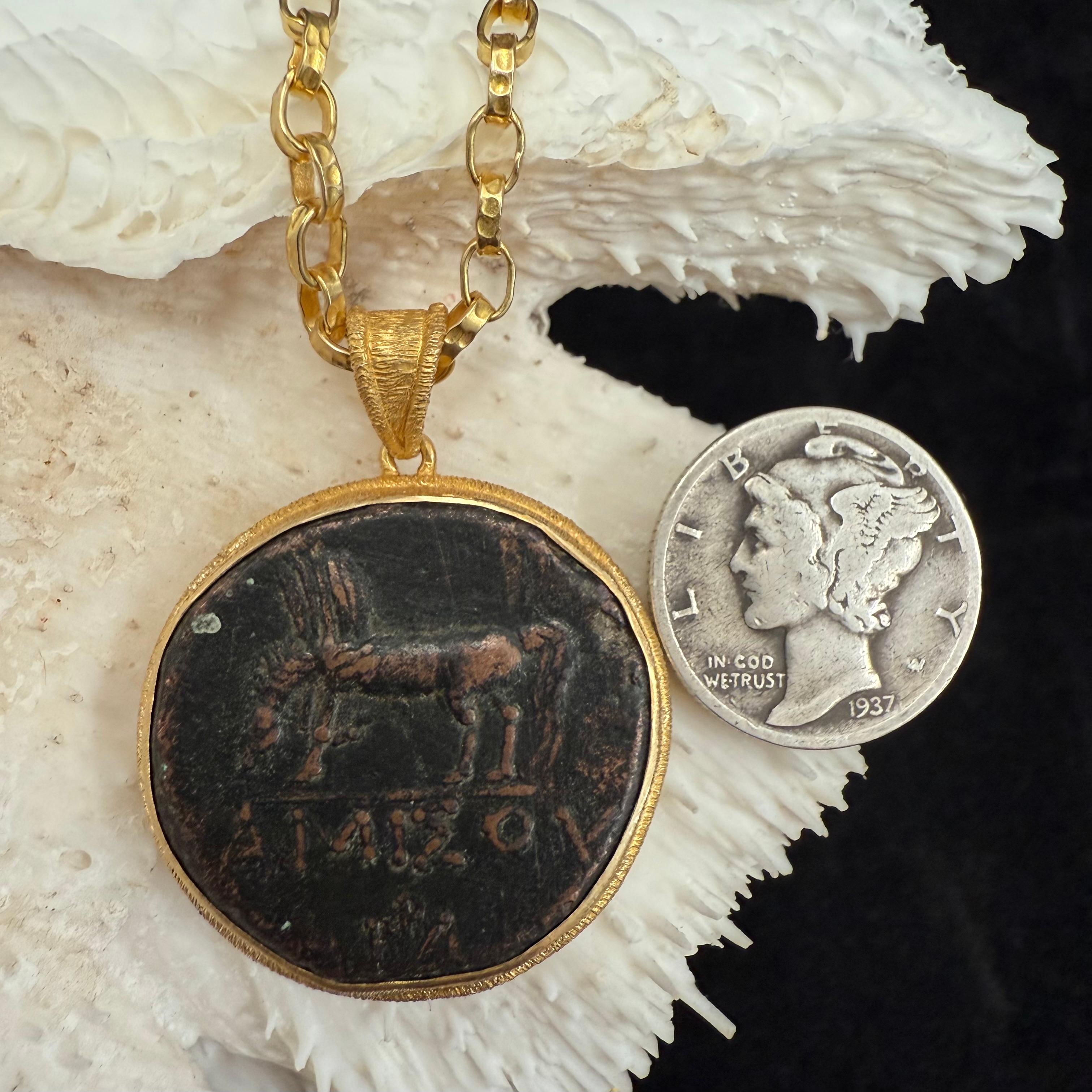 Ancient Greek 1st Century BC Bronze Pegasus Coin 18K Gold Pendant For Sale 4