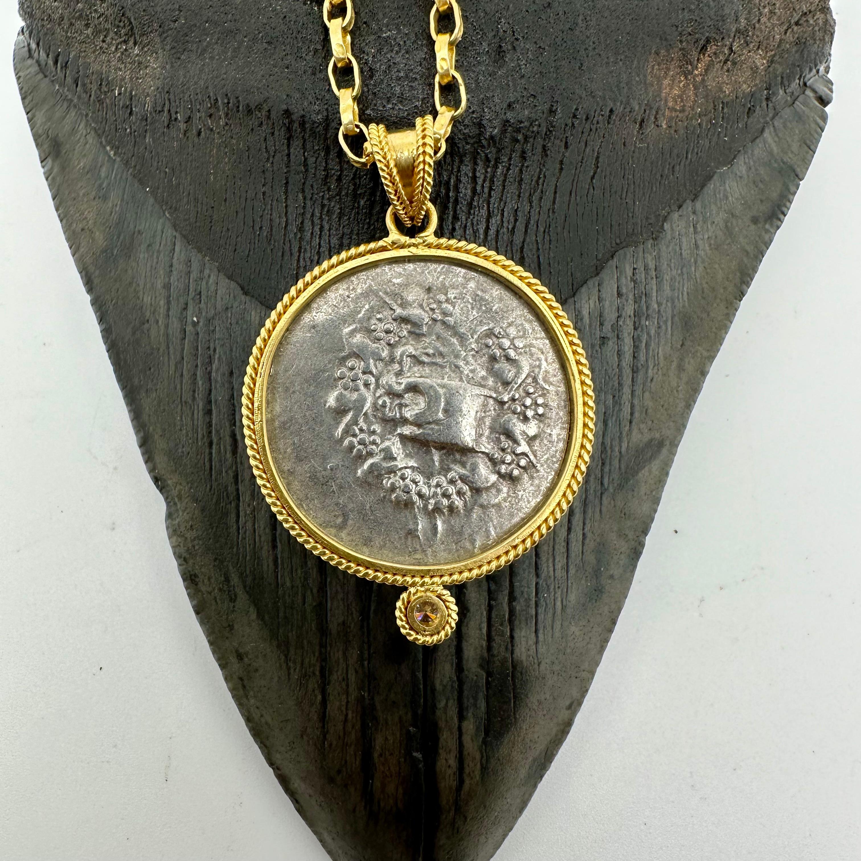 Ancient Greek 1st Century BC Intertwined Snakes Coin Diamond 18K Gold Pendant 4