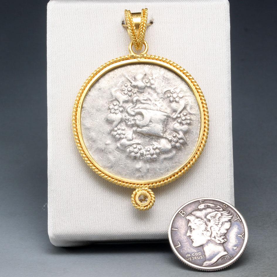 Classical Greek Ancient Greek 1st Century BC Intertwined Snakes Coin Diamond 18K Gold Pendant