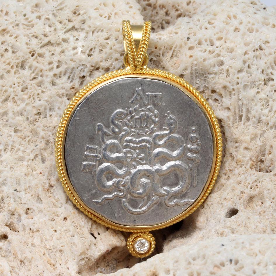 Ancient Greek 1st Century BC Intertwined Snakes Coin Diamond 18K Gold Pendant In New Condition In Soquel, CA