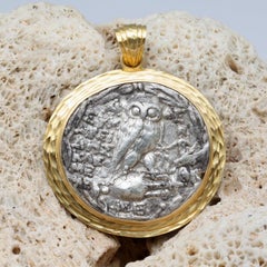 Ancient Greek 2nd Century BC Athena Owl Coin 18K Gold Pendant