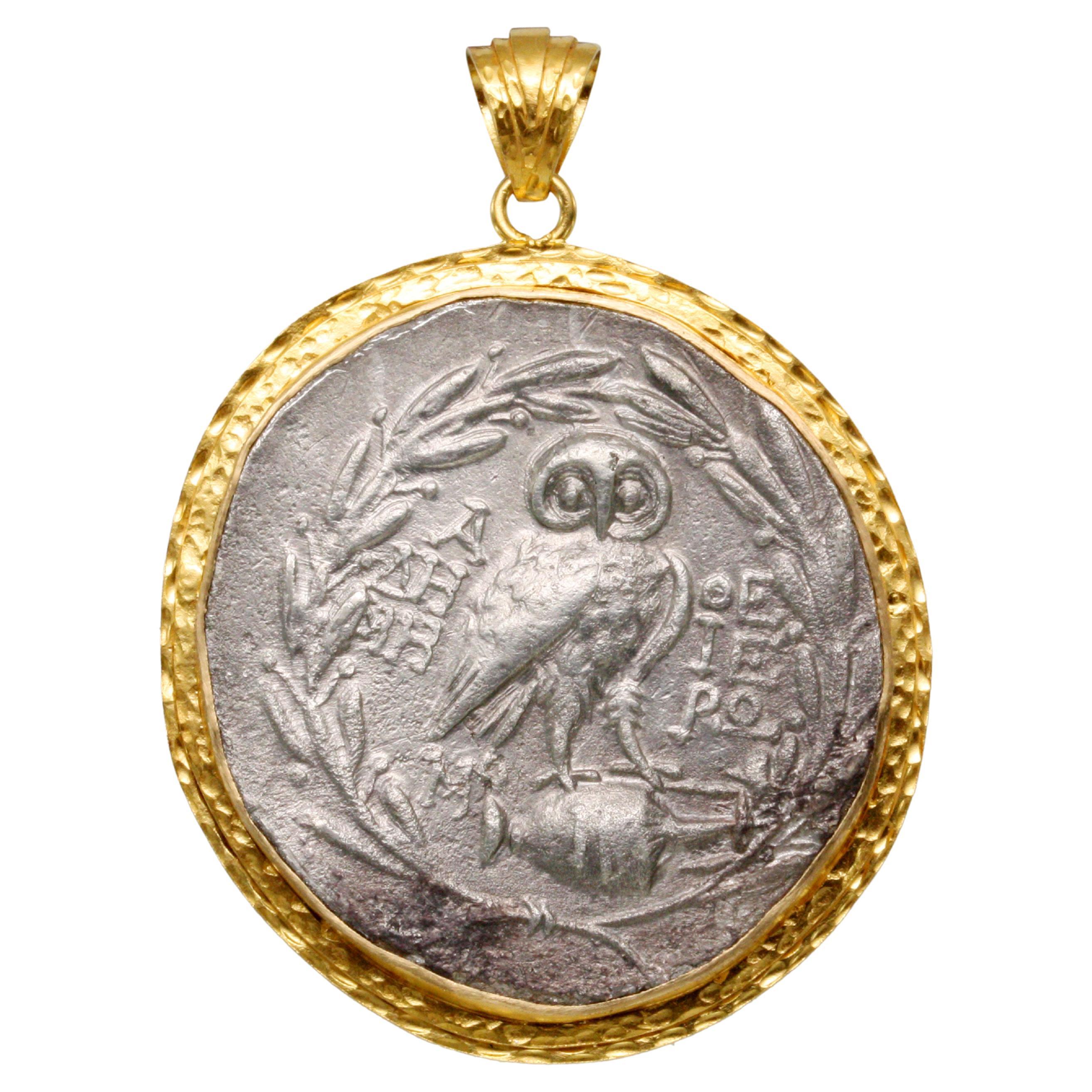 Ancient Greek 2nd Century BC Athena Owl Coin 18K Gold Pendant 22" Chain