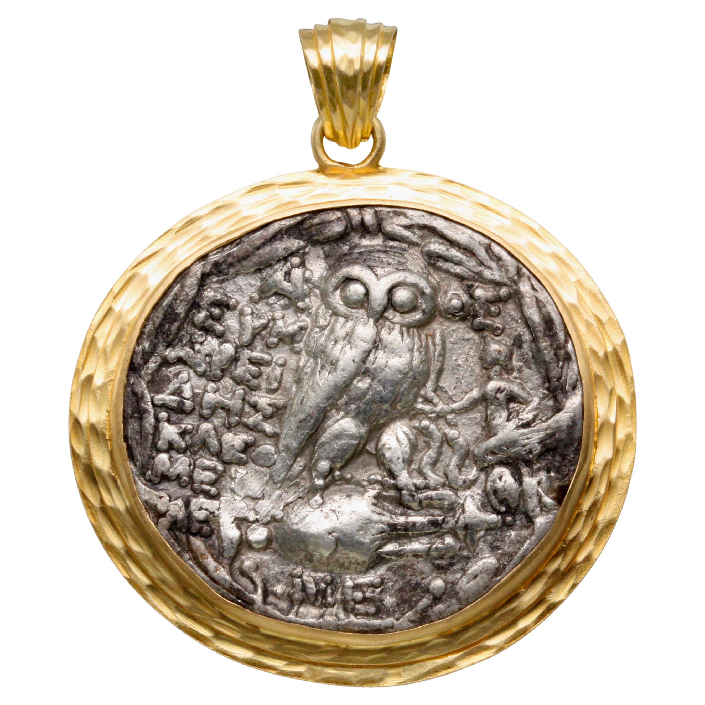 Ancient Greek 2nd Century BC Athena Owl Coin 18K Gold Pendant