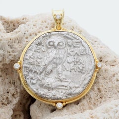 Ancient Greek 2nd Century BC Athena Owl Coin Diamonds 18K Gold Pendant