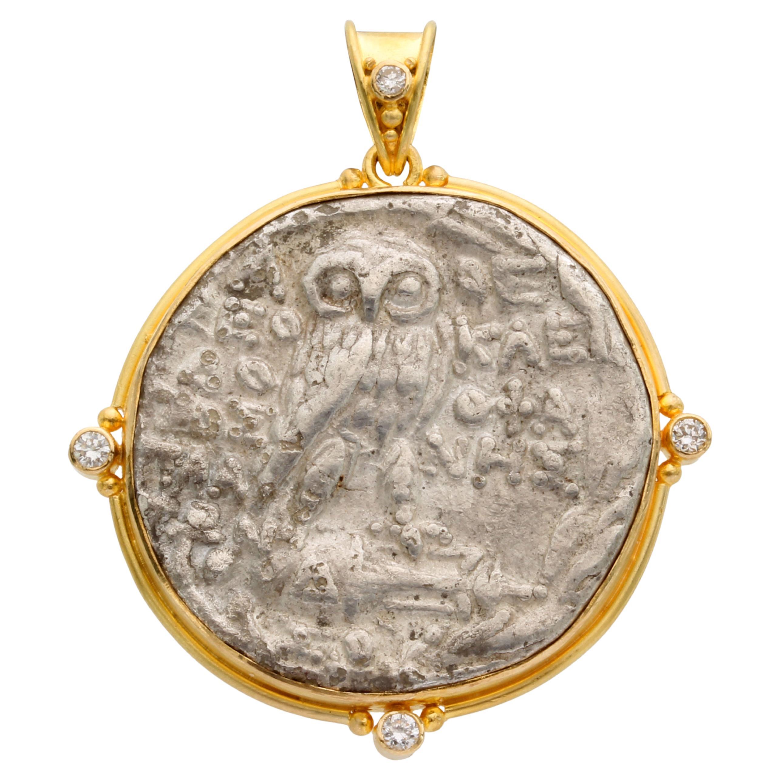 Antike griechische 2. Jahrhundert v. Chr. Athena Eule Münze Diamanten 18K Gold Anhänger