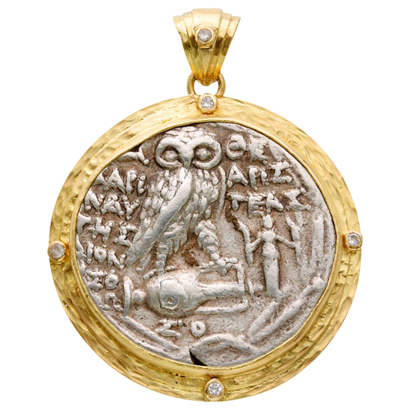 Pendentif en or 18 carats avec pièce de monnaie grecque antique Hibou d'Athènes du 2e siècle avant J.-C. et diamants