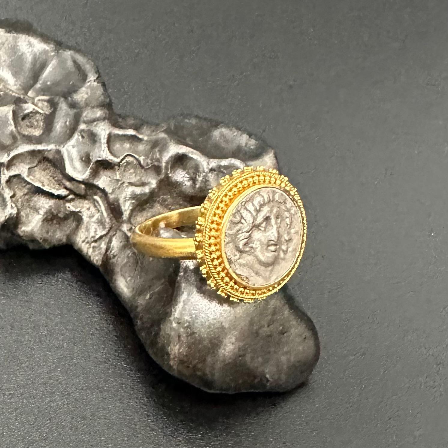 Ancient Greek 2nd Century BC Helios Coin 22K Granulated Gold Ring For Sale 2