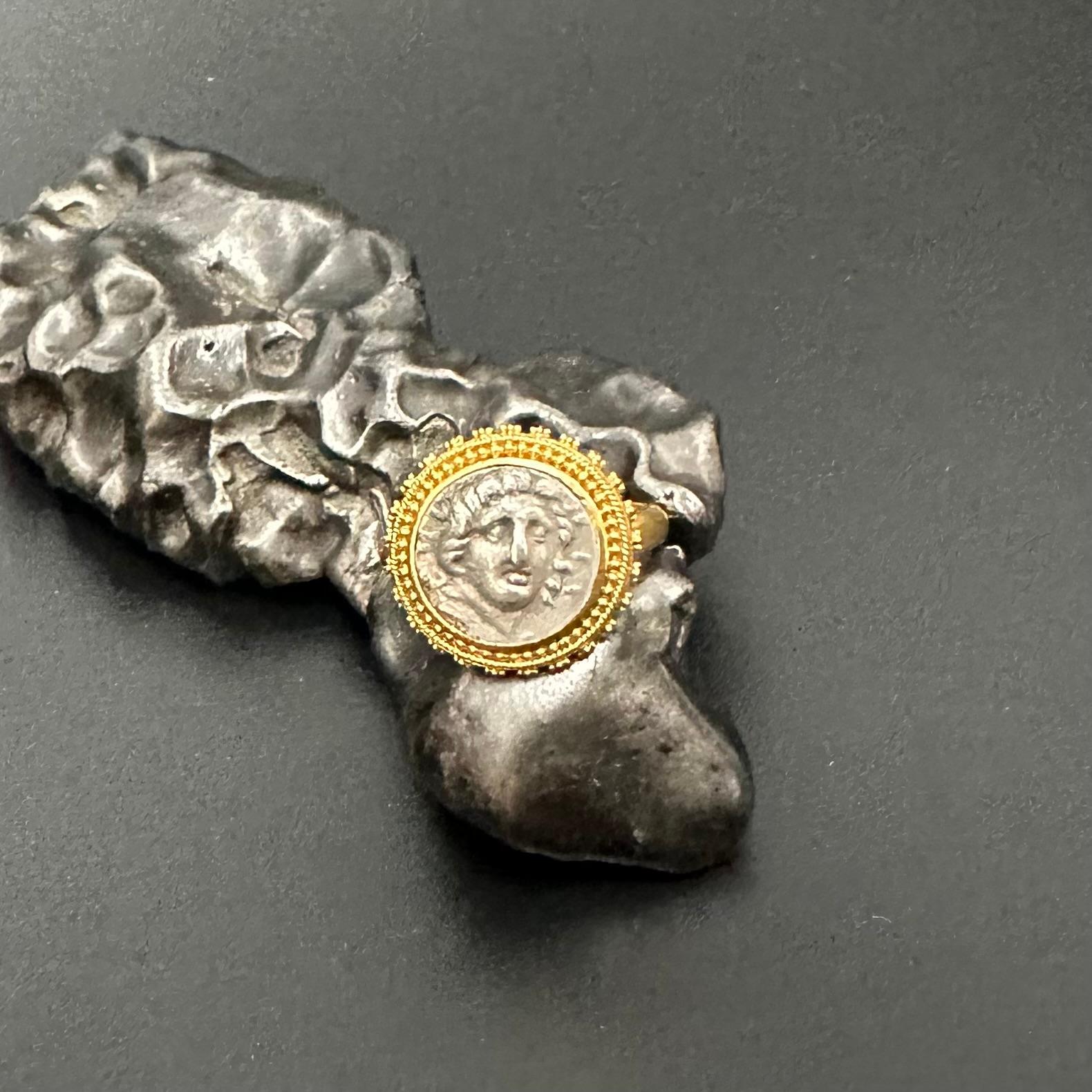 Ancient Greek 2nd Century BC Helios Coin 22K Granulated Gold Ring For Sale 3