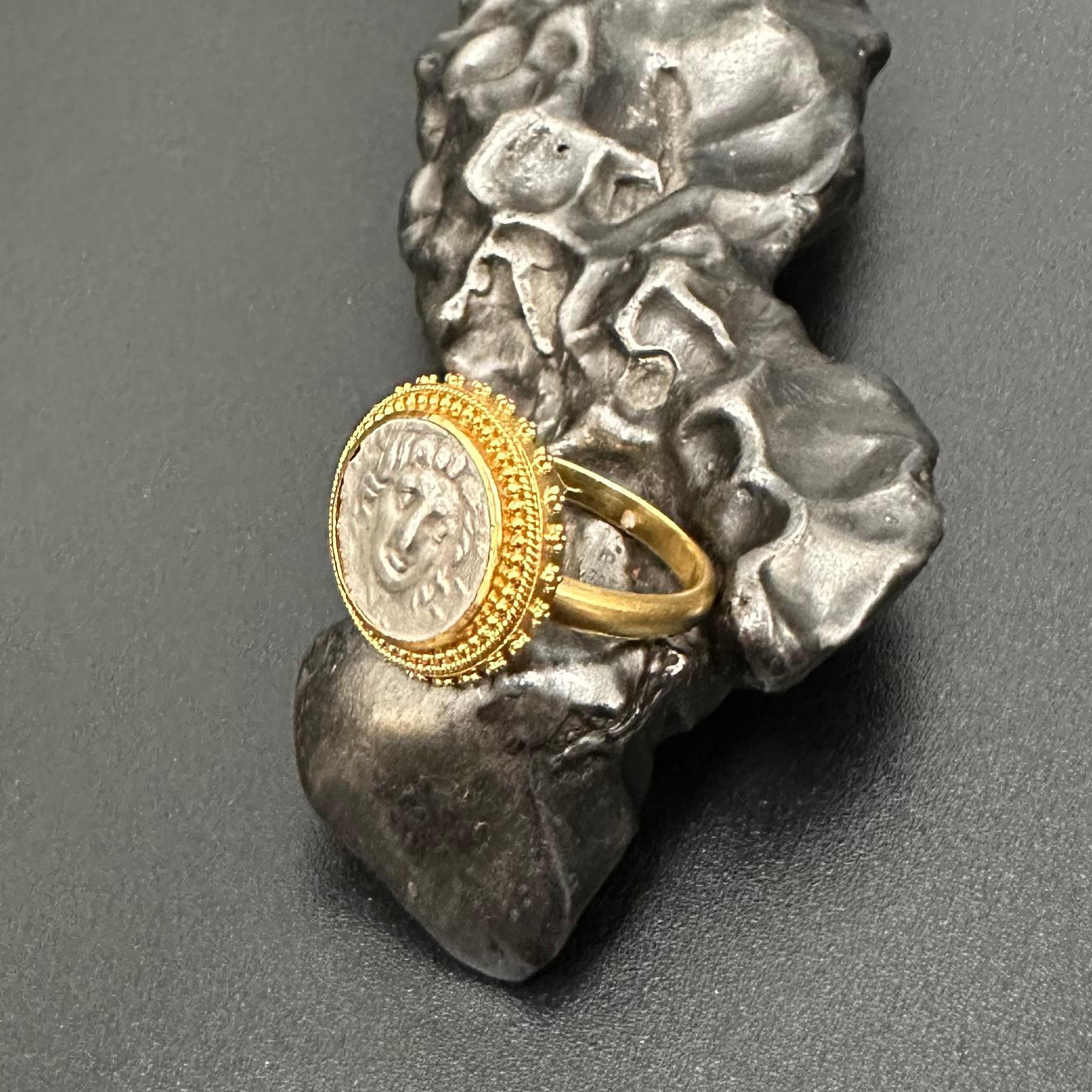 Ancient Greek 2nd Century BC Helios Coin 22K Granulated Gold Ring For Sale 4