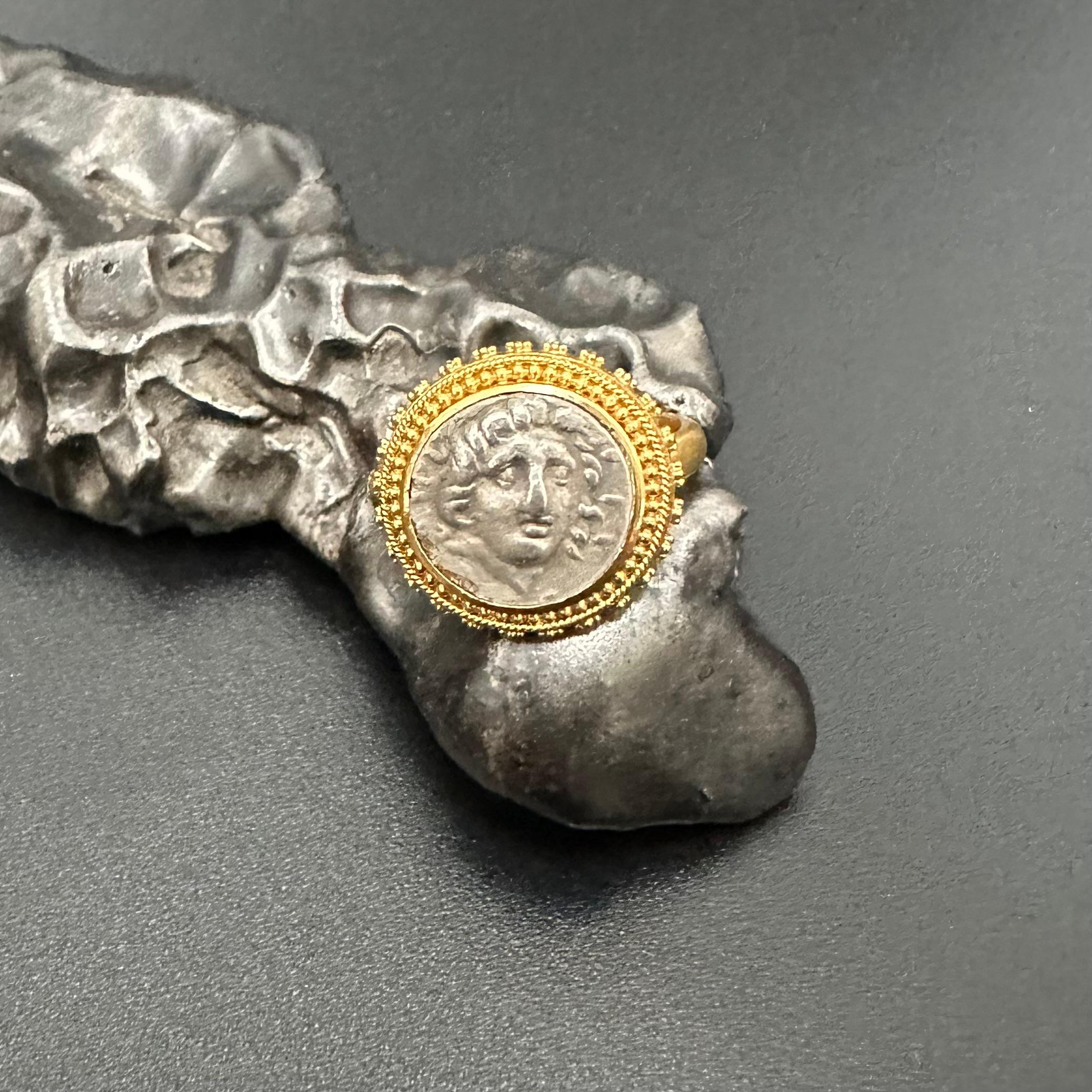 Ancient Greek 2nd Century BC Helios Coin 22K Granulated Gold Ring For Sale 5