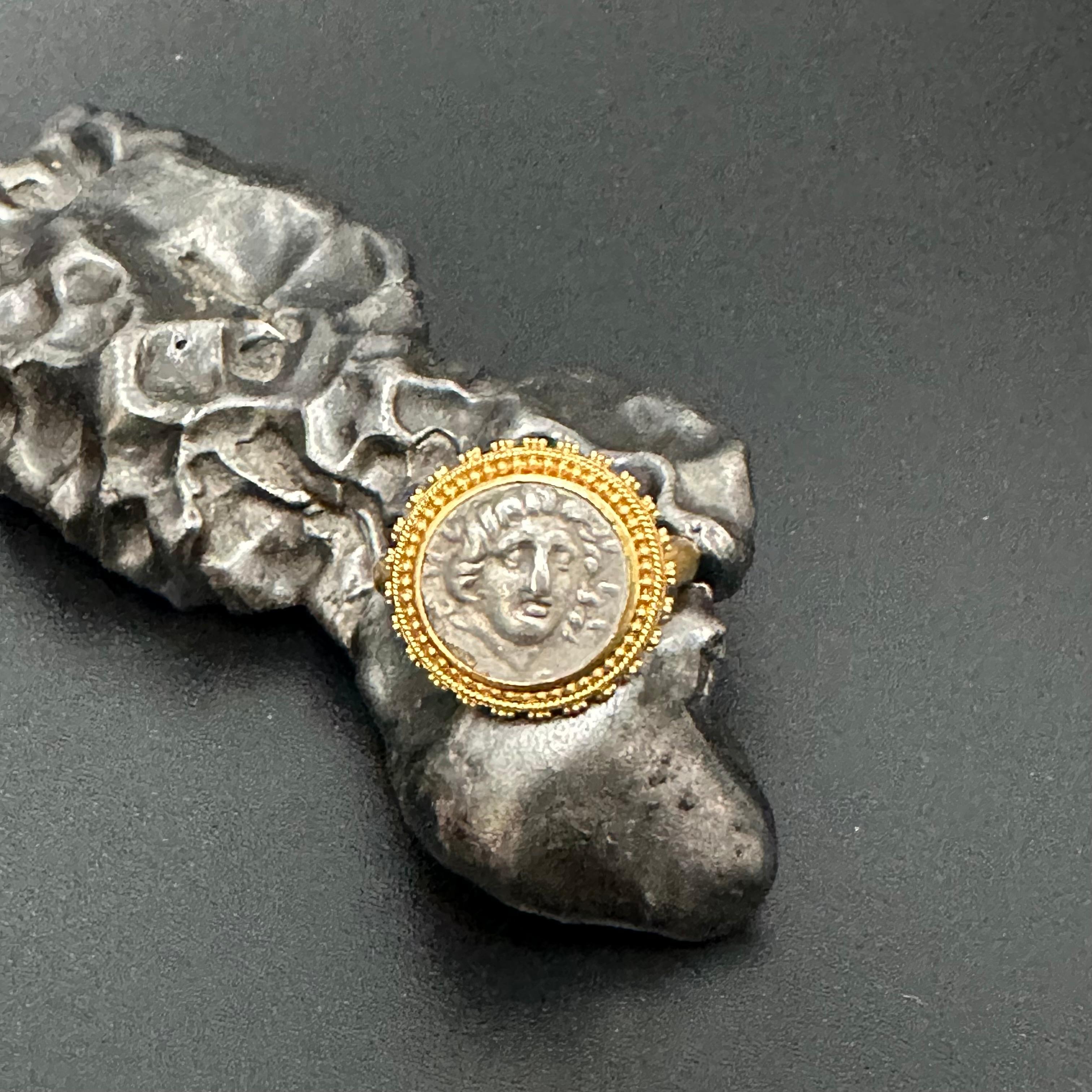 Ancient Greek 2nd Century BC Helios Coin 22K Granulated Gold Ring For Sale 6