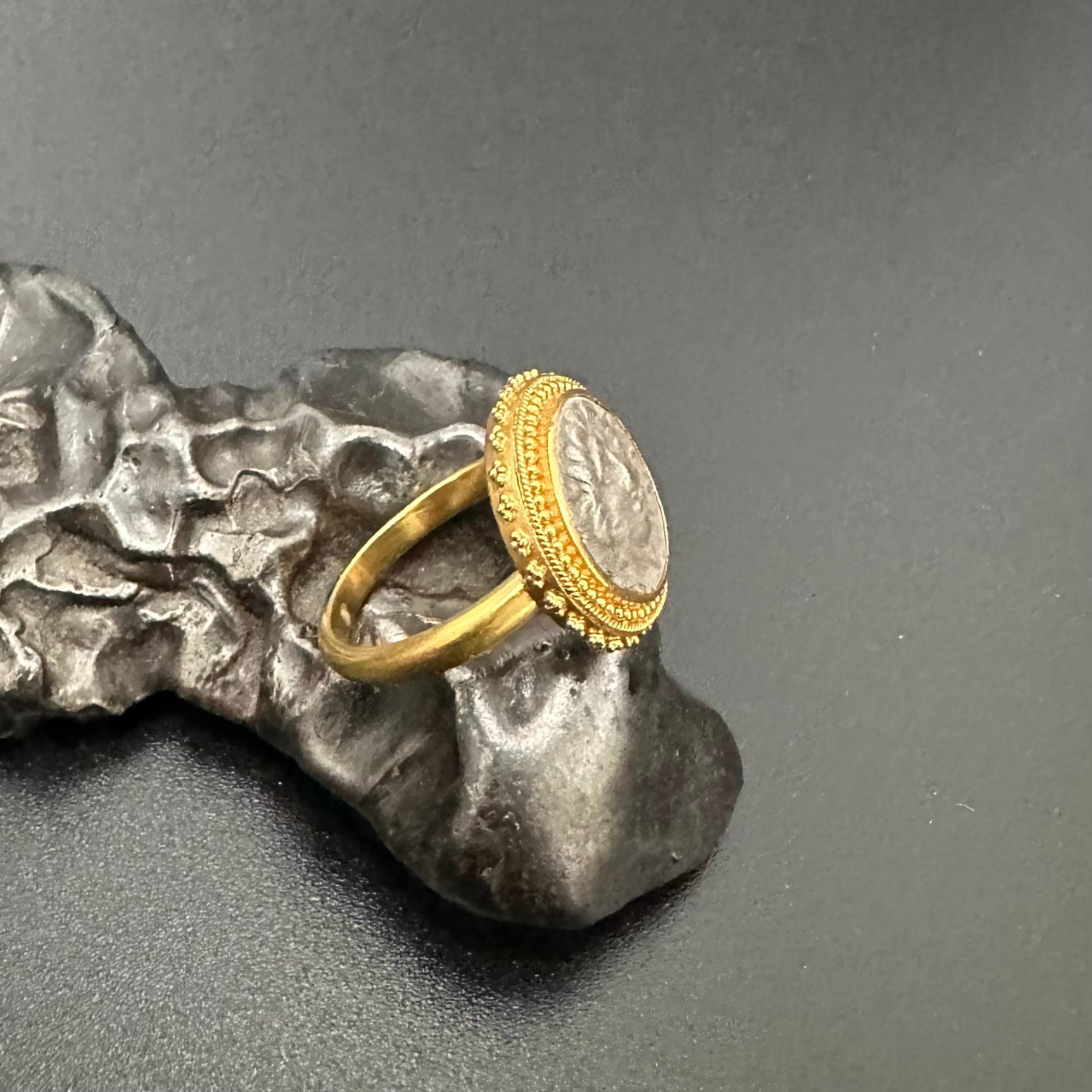 Classical Greek Ancient Greek 2nd Century BC Helios Coin 22K Granulated Gold Ring For Sale