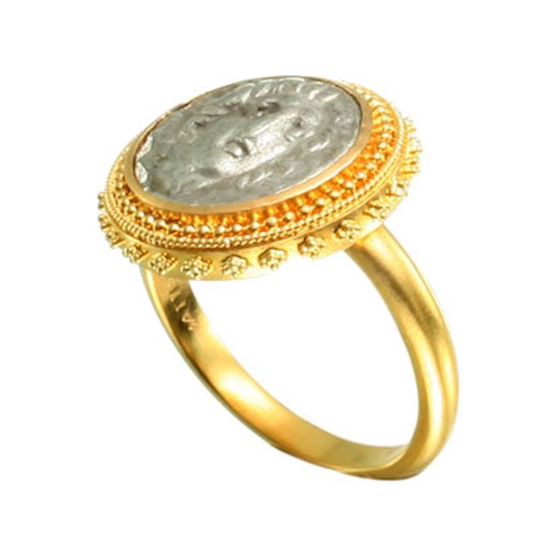Ancient Greek 2nd Century BC Helios Coin 22K Granulated Gold Ring In New Condition For Sale In Soquel, CA