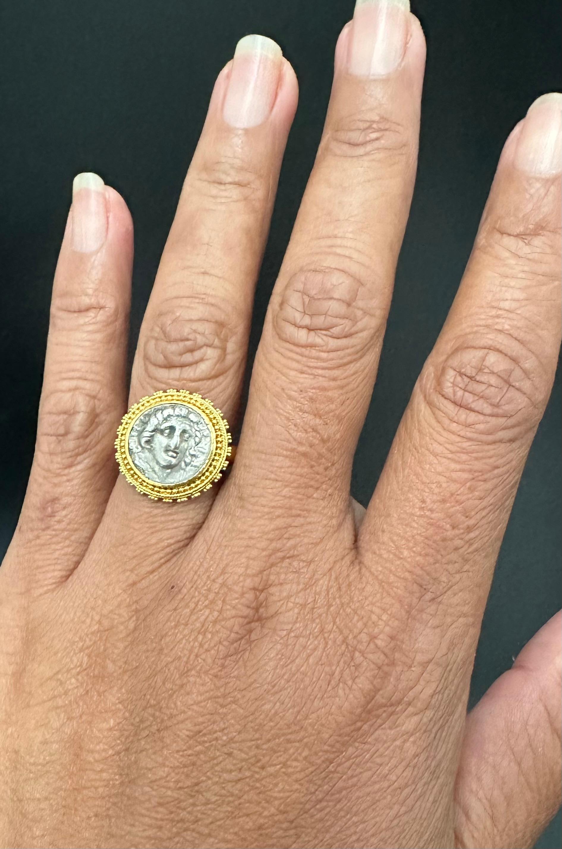 Women's or Men's Ancient Greek 2nd Century BC Helios Coin 22K Granulated Gold Ring For Sale