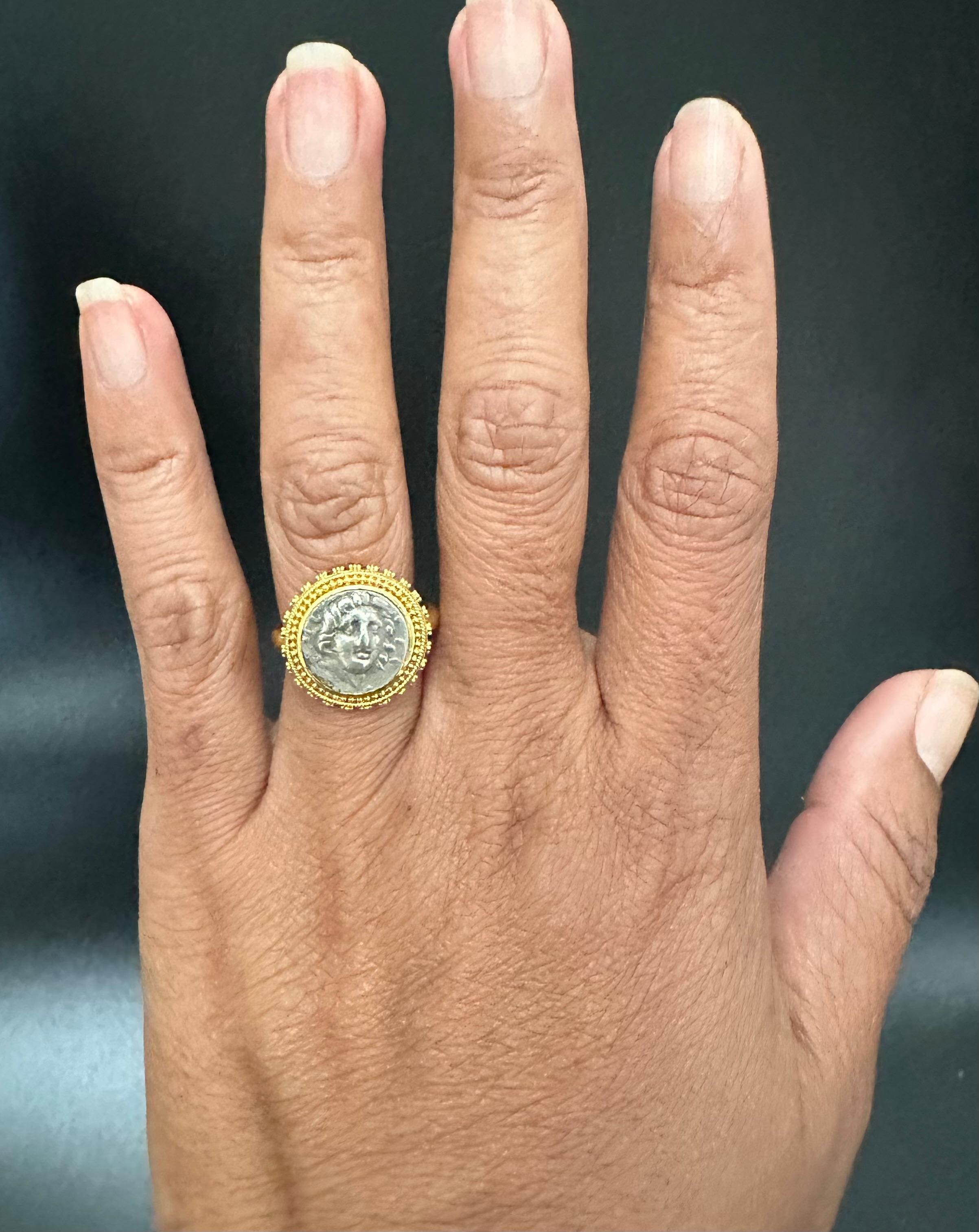 Ancient Greek 2nd Century BC Helios Coin 22K Granulated Gold Ring For Sale 1