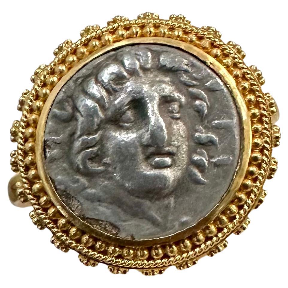 Ancient Greek 2nd Century BC Helios Coin 22K Granulated Gold Ring