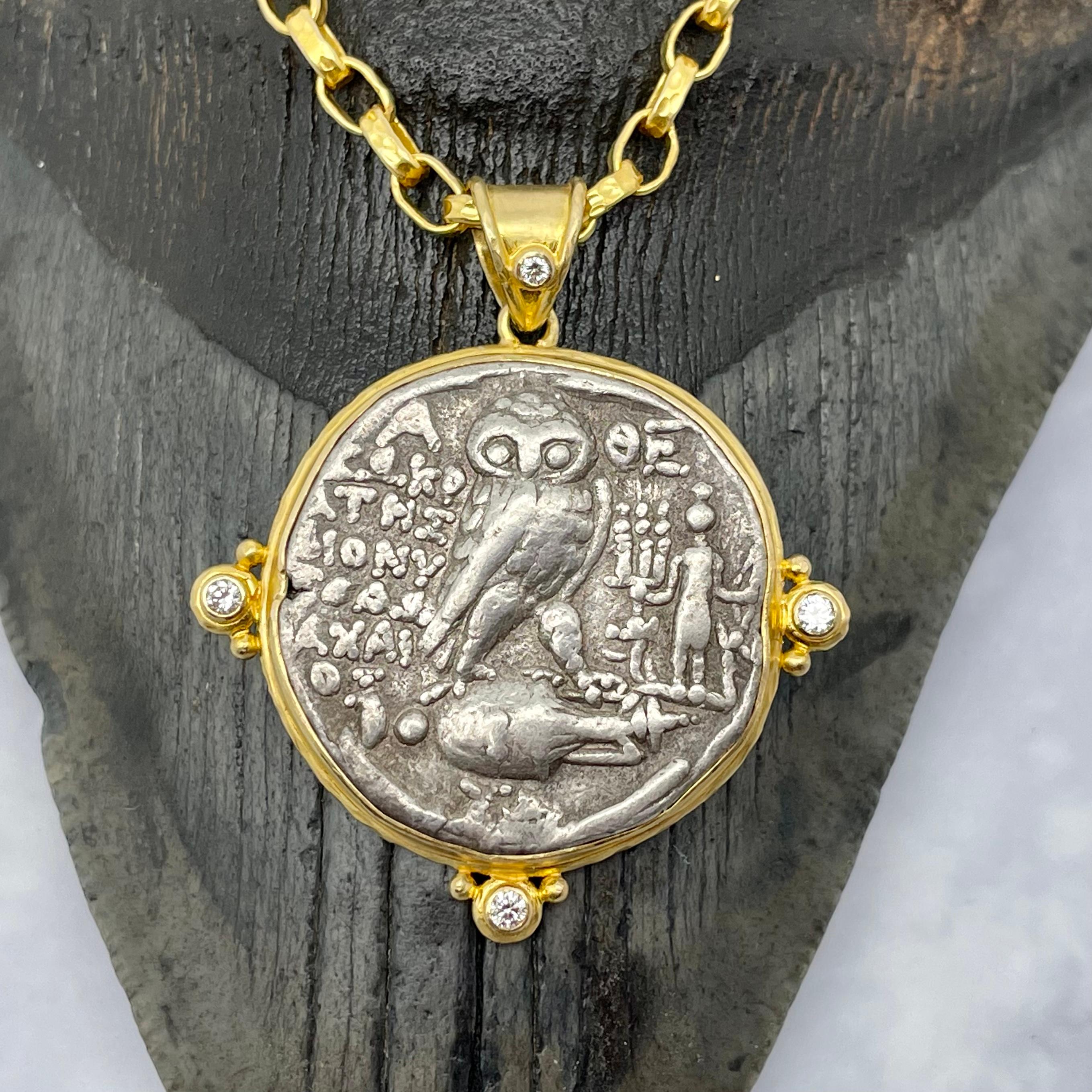 Ancient Greek 2nd Century BC Owl Coin Diamonds 18K Gold Pendant For Sale 4