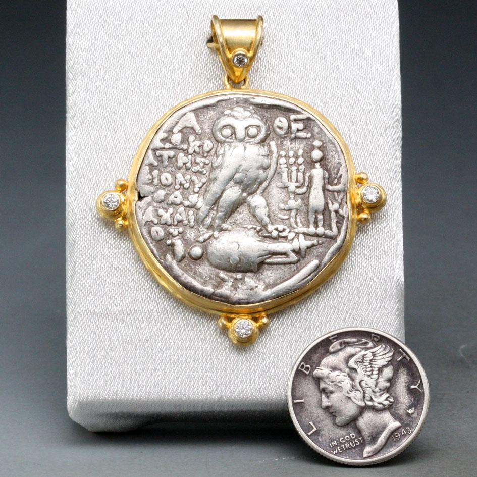 Classical Greek Ancient Greek 2nd Century BC Owl Coin Diamonds 18K Gold Pendant For Sale