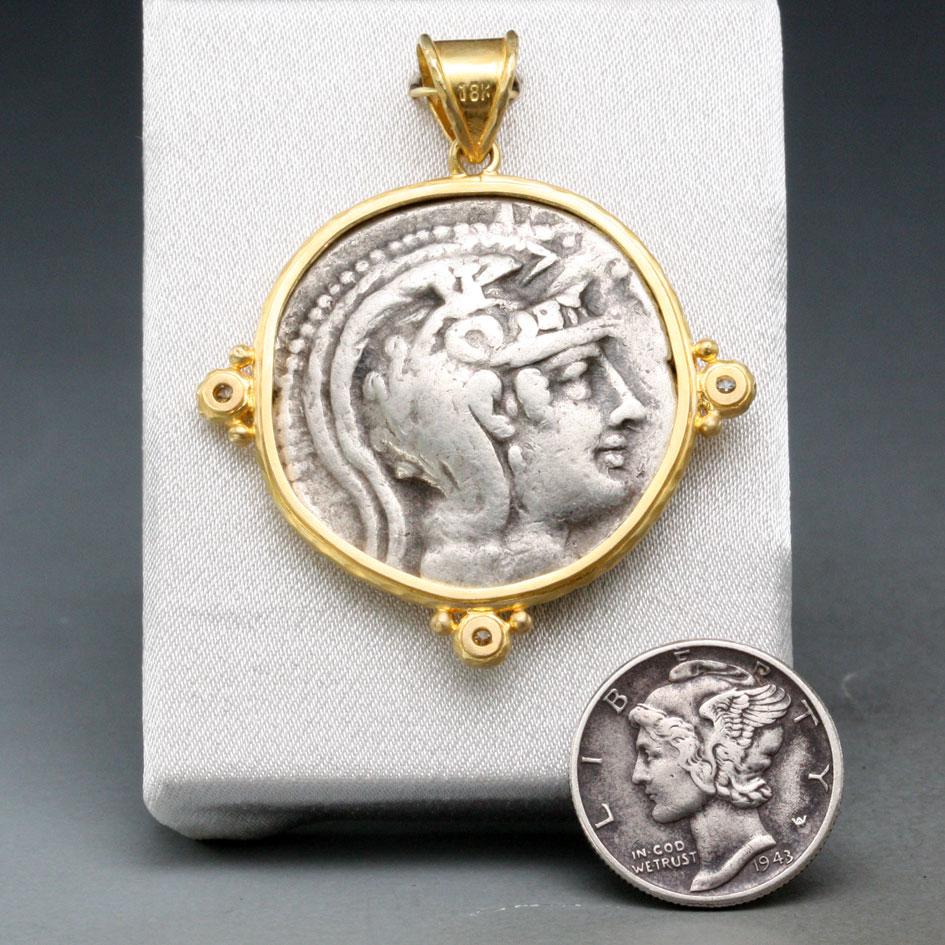 Rose Cut Ancient Greek 2nd Century BC Owl Coin Diamonds 18K Gold Pendant For Sale