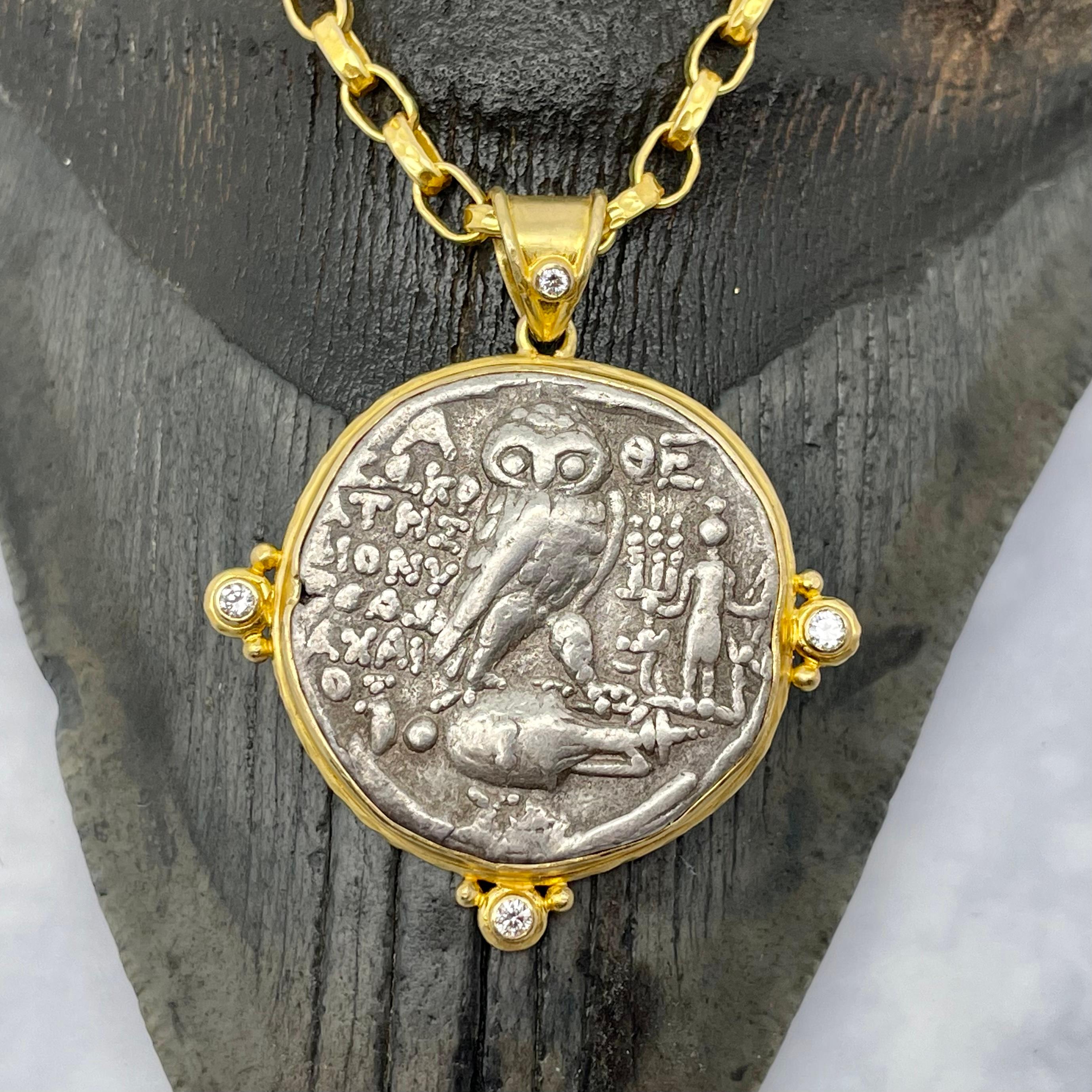 Women's or Men's Ancient Greek 2nd Century BC Owl Coin Diamonds 18K Gold Pendant For Sale