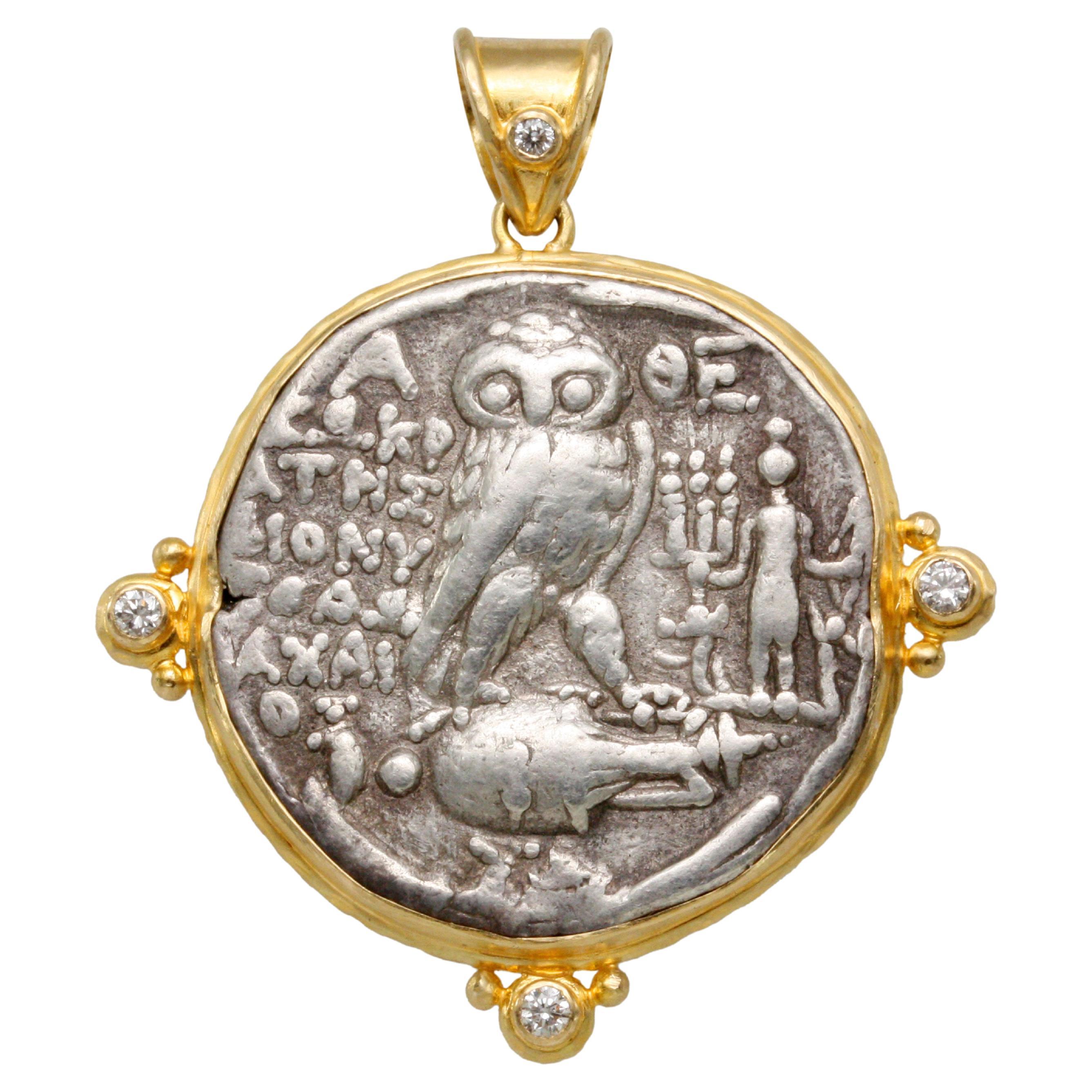 Ancient Greek 2nd Century BC Owl Coin Diamonds 18K Gold Pendant For Sale