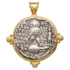 Ancient Greek 2nd Century BC Owl Coin Diamonds 18K Gold Pendant