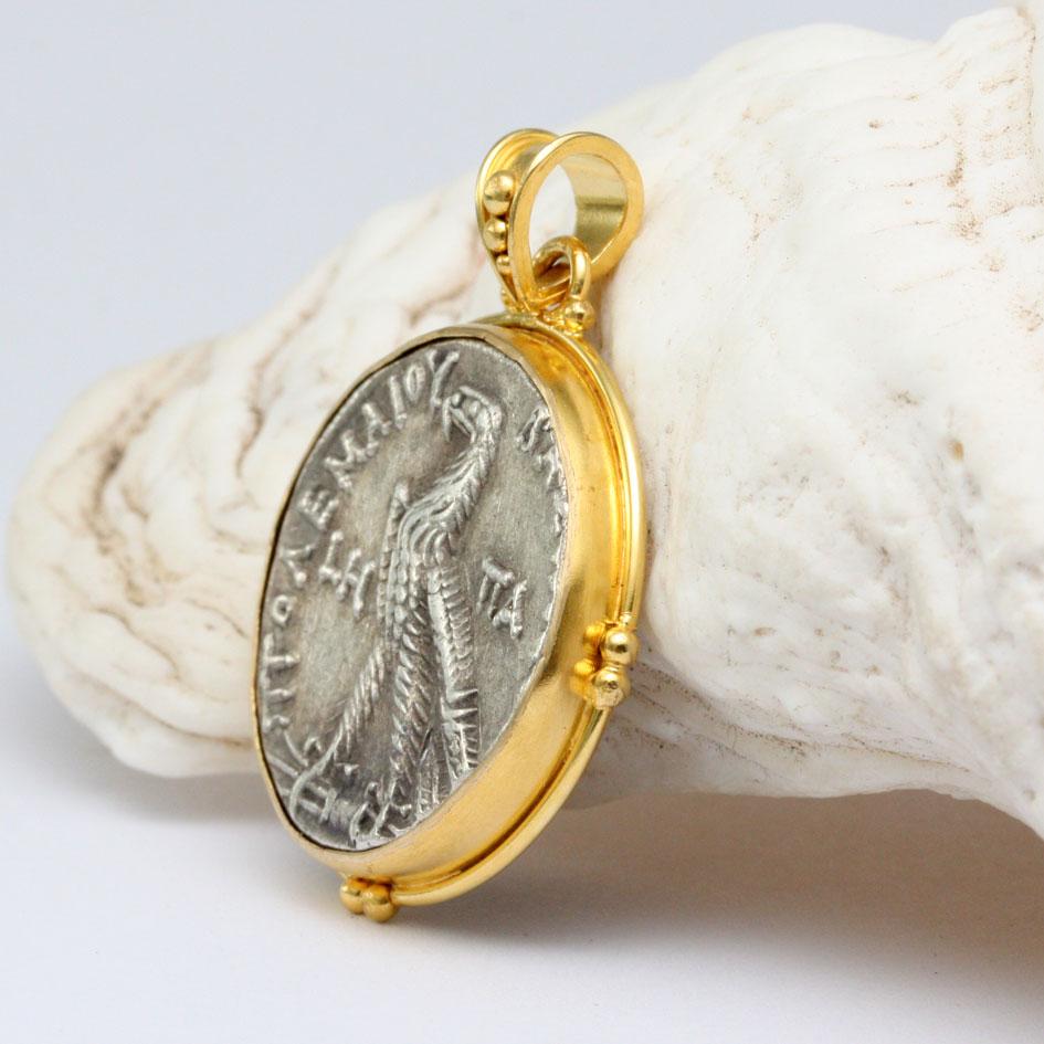 Classical Greek Ancient Greek 2nd Century BC Ptolemaic Eagle Coin 18K Gold Pendant For Sale