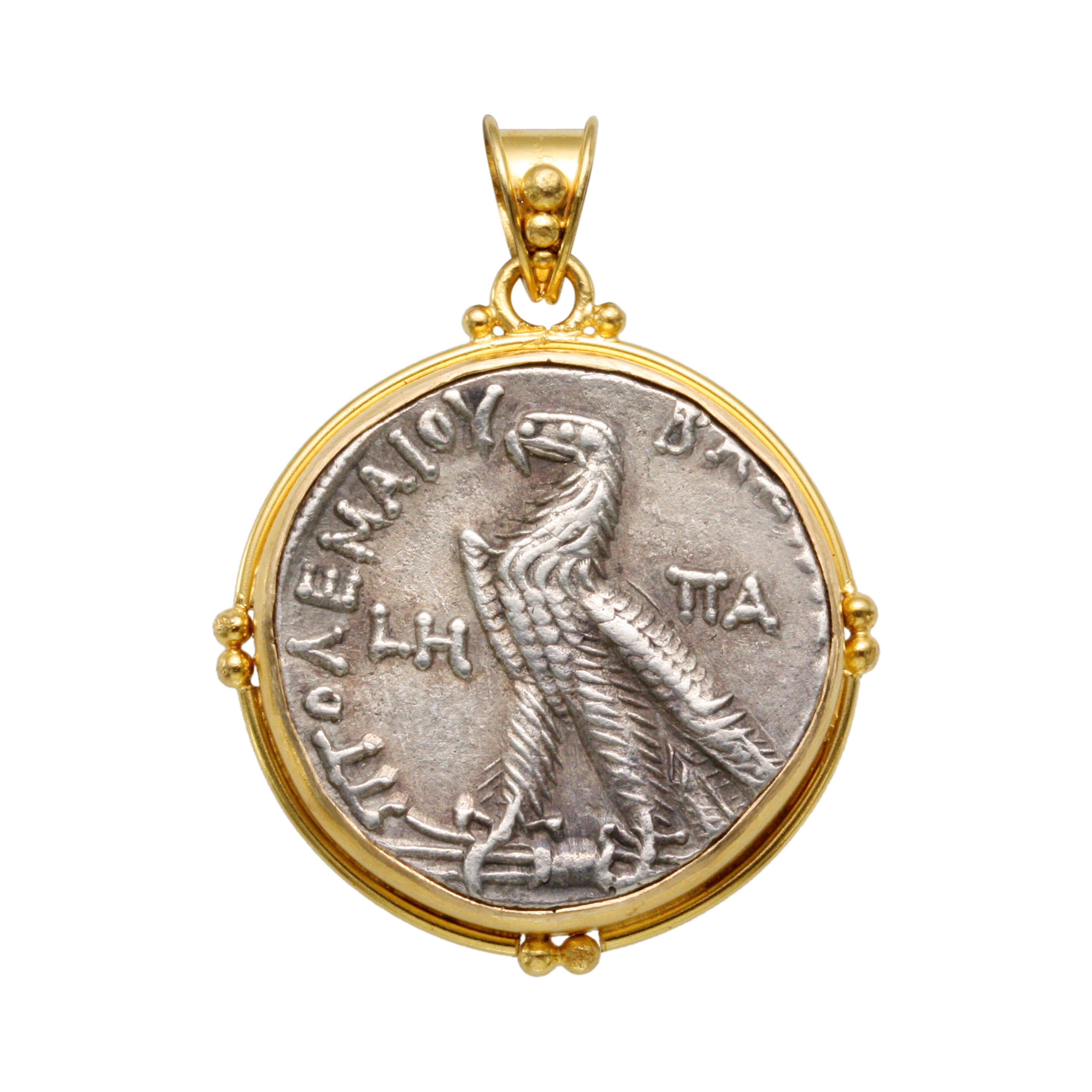 Ancient Greek 2nd Century BC Ptolemaic Eagle Coin 18K Gold Pendant For Sale 2