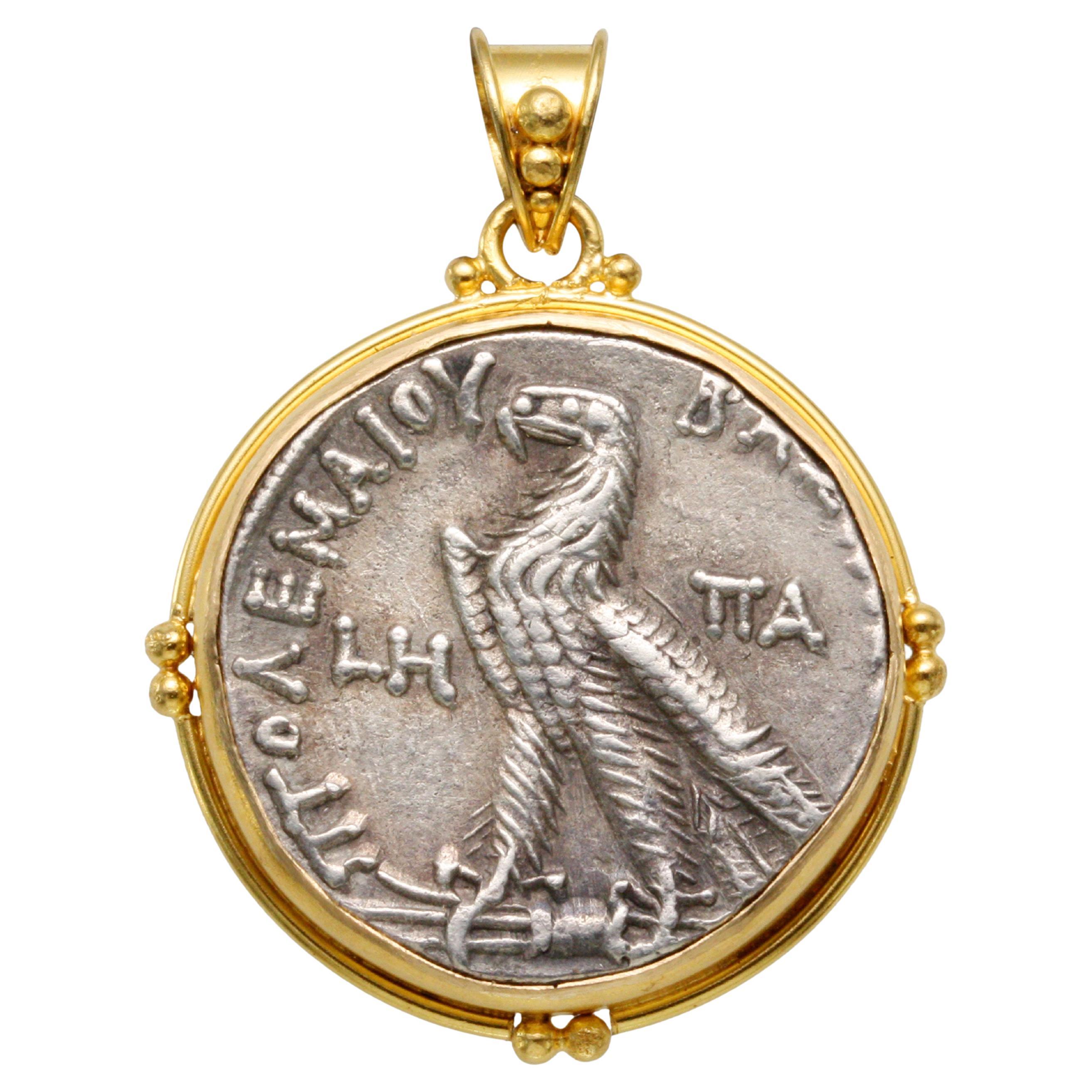 Ancient Greek 2nd Century BC Ptolemaic Eagle Coin 18K Gold Pendant For Sale