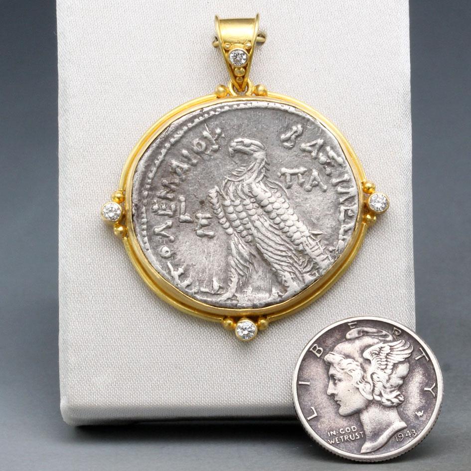 Round Cut Ancient Greek 2nd Century BC Ptolemeic Eagle Coin Diamonds 18K Gold Pendant  For Sale