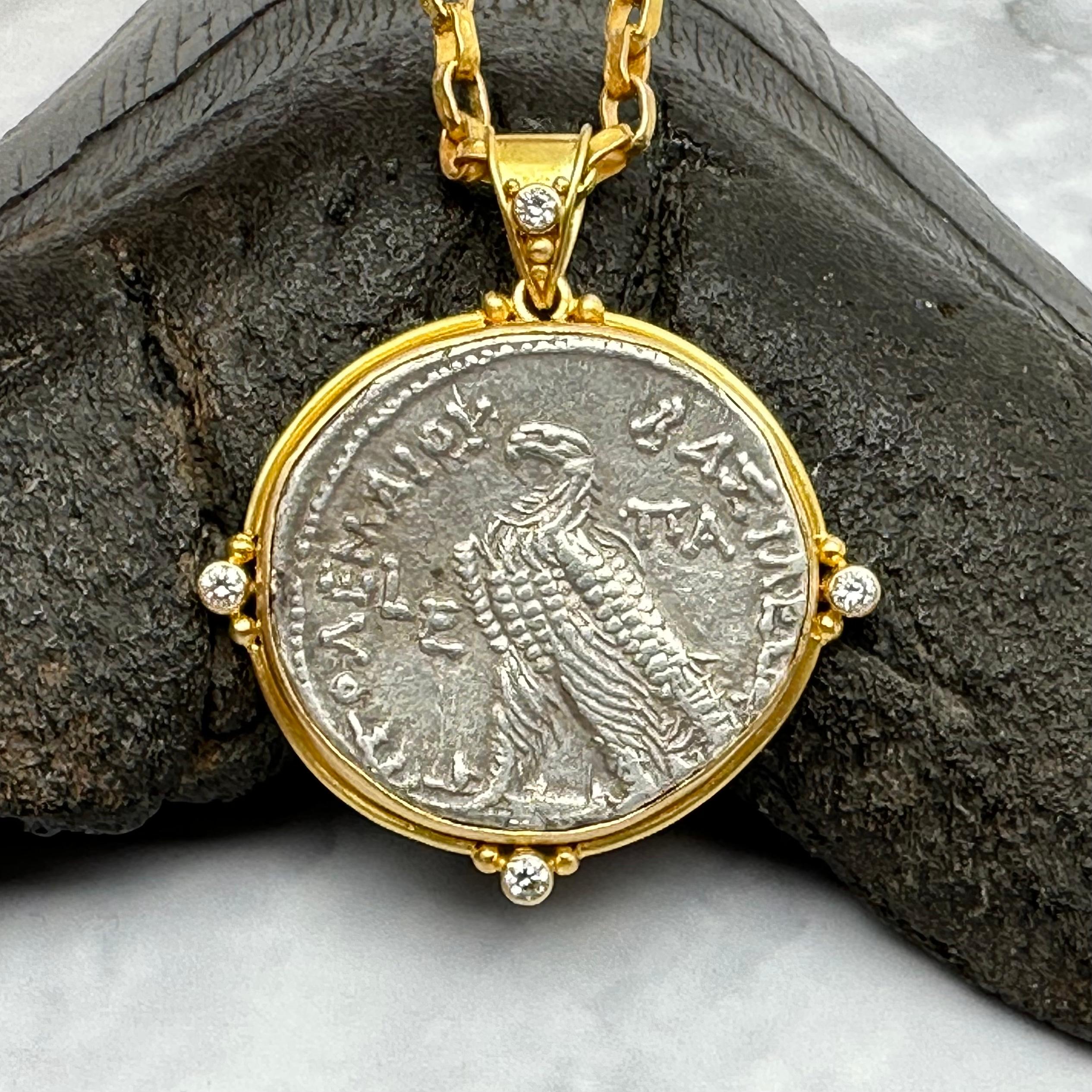 Ancient Greek 2nd Century BC Ptolemeic Eagle Coin Diamonds 18K Gold Pendant  In New Condition For Sale In Soquel, CA